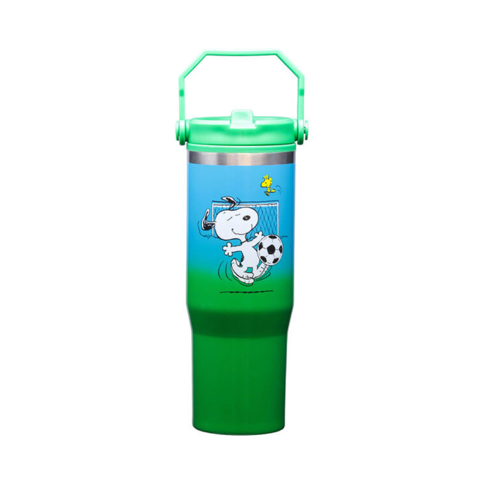 Green tumbler with Snoopy and Woodstock design on a white background