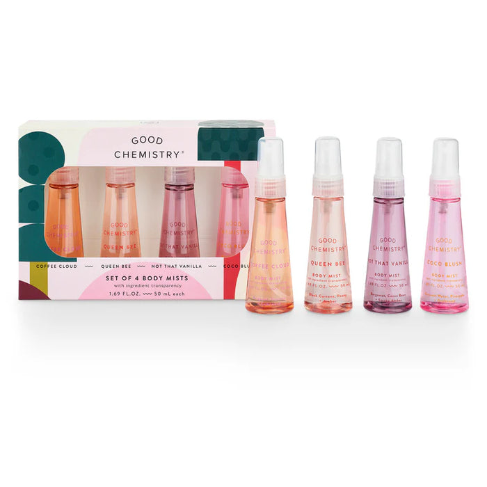 Set of 4 body mist bottles with packaging on a white background