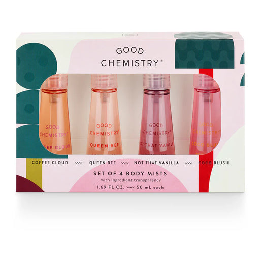 Set of 4 body mist bottles in a 'Good Chemistry' packaging on a white background