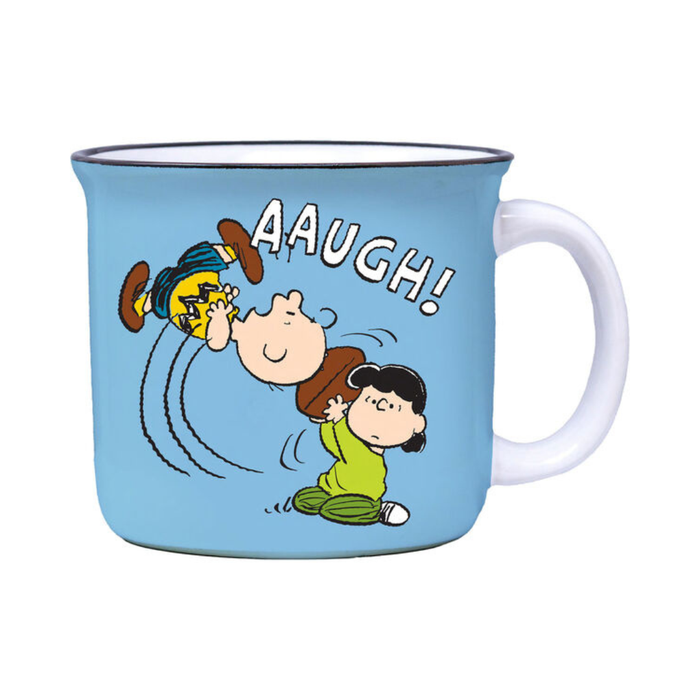 Blue mug with cartoon design featuring characters and the word 'AAUGH!' on a white background