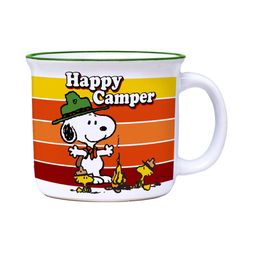 Mug with Snoopy and Woodstock design and 'Happy Camper' text on a striped background