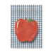 A square greeting card featuring a large red apple with a green leaf on a blue and white gingham checkered background. The top has gold foil text that reads 'Happy Teacher's Day!'.