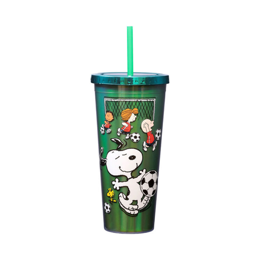 Green tumbler with cartoon characters and sports-themed design on a white background