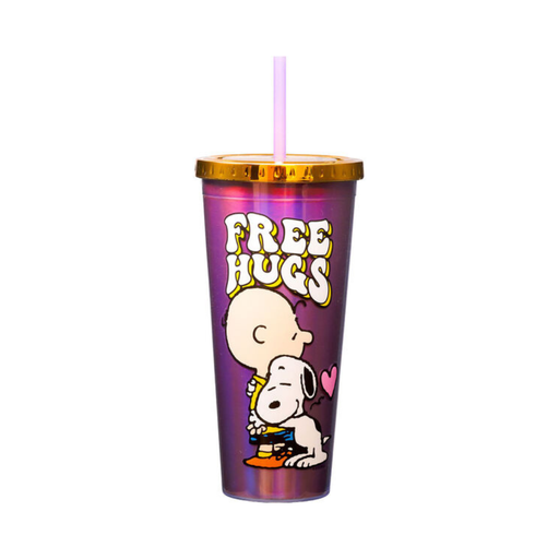 Tumbler with cartoon characters and 'Free Hugs' text on a white background