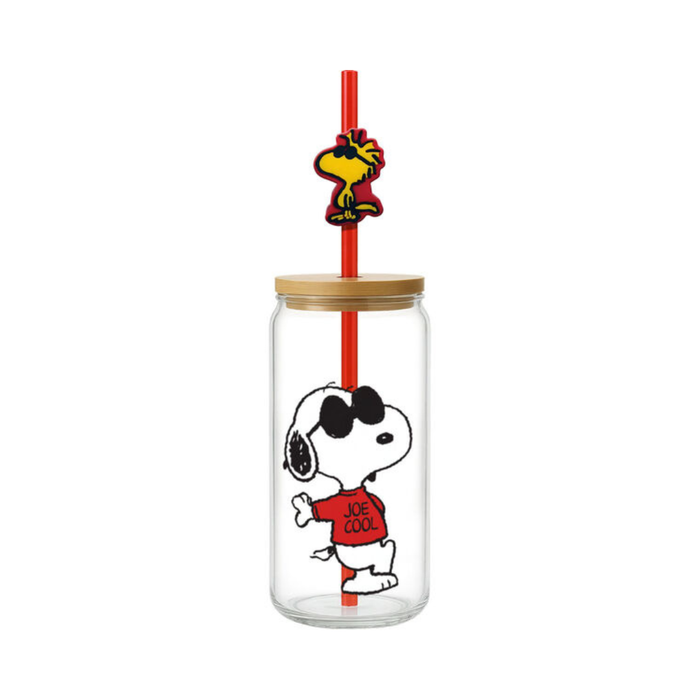 Clear tumbler with Snoopy design, red straw, and wooden lid on a white background