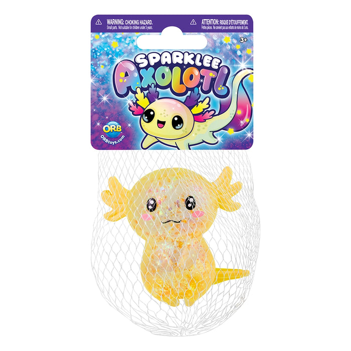Plush axolotl toy with packaging featuring 'Sparklee Axolotl' branding on a white background.