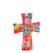 A red ceramic cross ornament decorated with colorful hand-painted floral patterns, featuring a white hanging ribbon at the top, shown against a plain white background.