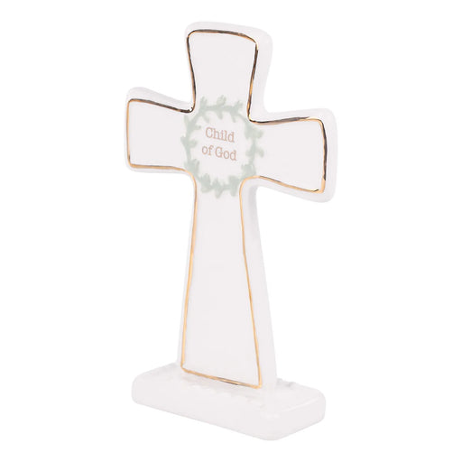 White cross with gold trim and 'Child of God' text on a white background