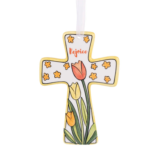 Decorative cross with tulips and 'Rejoice' text on a white background
