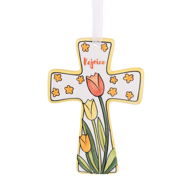 Decorative cross with tulips and 'Rejoice' text on a white background