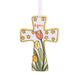 Decorative cross with tulips and 'Rejoice' text on a white background