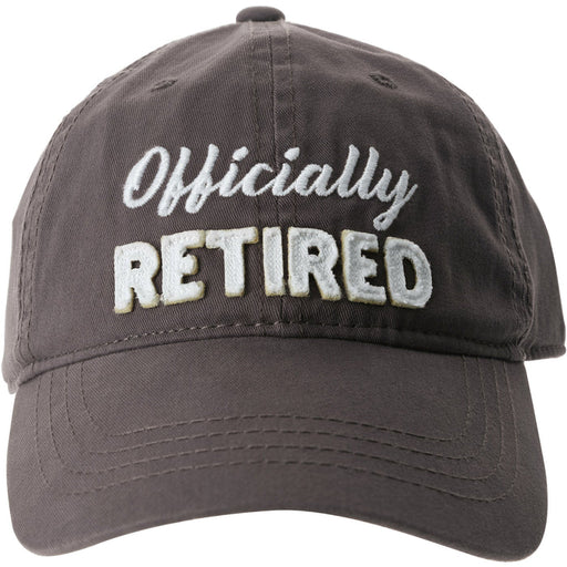 Gray cap with 'Officially Retired' text on a white background