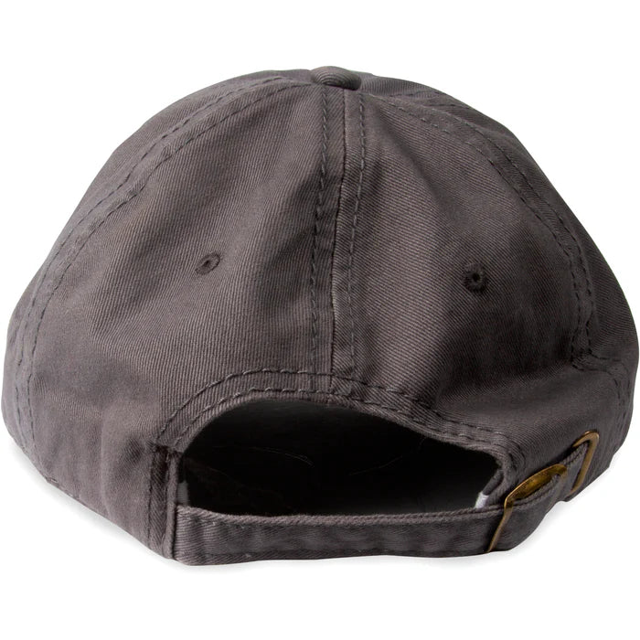Back view of a dark gray baseball cap on a white background