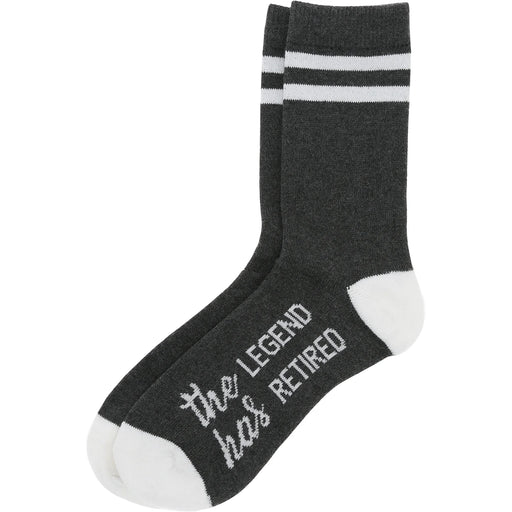Black sock with white text and accents on a white background
