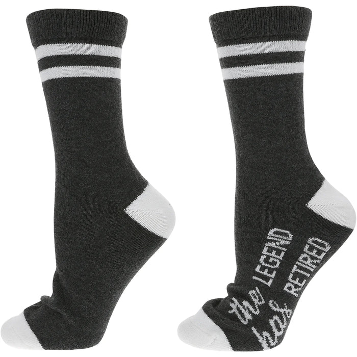 Black socks with white stripes and text on a white background