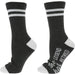 Black socks with white stripes and text on a white background