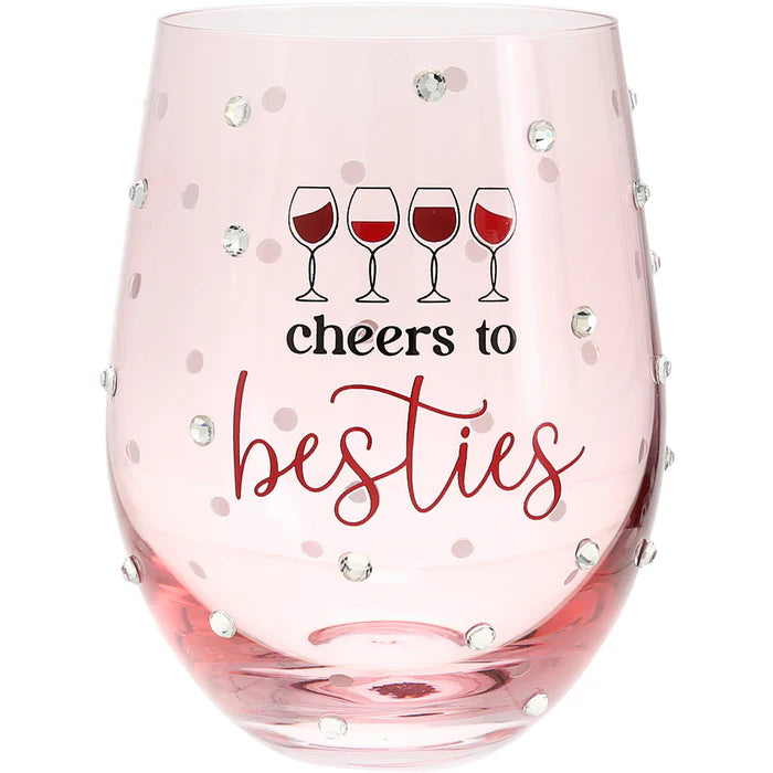 Pink wine glass with ' Cheers to besties' text and wine glass illustrations on a white background