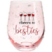 Pink wine glass with ' Cheers to besties' text and wine glass illustrations on a white background