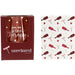 Red packaging with 'you, me, wine therapy' text and a patterned paper with wine bottle designs.