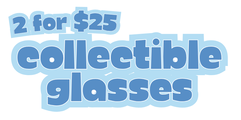 Promotional text for collectible glasses sale on a light blue background