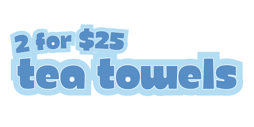 Promotional text for tea towels with a blue and white color scheme on a white background