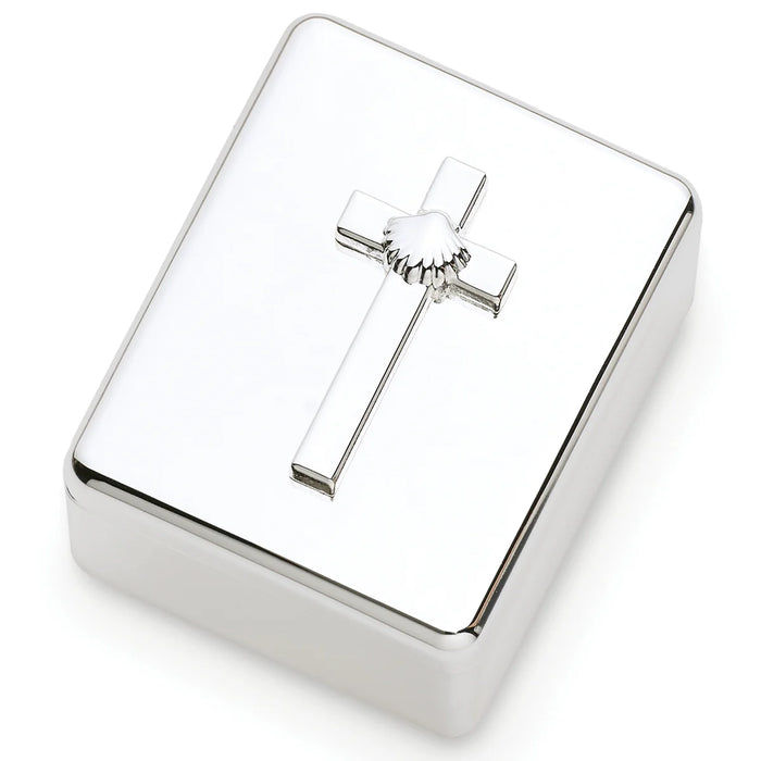 Silver jewelry box with a cross design on a white background