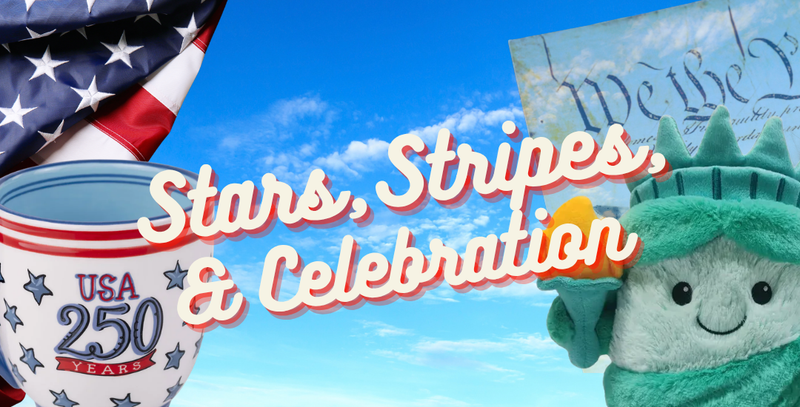 Promotional graphic for 'Stars, Stripes & Celebration' with American flag, cup, and plush toy against a blue sky.