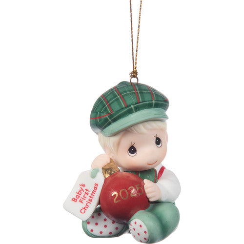 Christmas ornament of a child holding a '2025' ornament on a white background