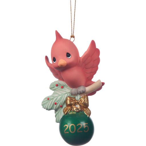 Cardinal bird ornament with a green ball, bow, and '2025' on a white background