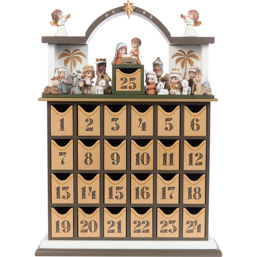 Wooden advent calendar with Nativity scene figures on top