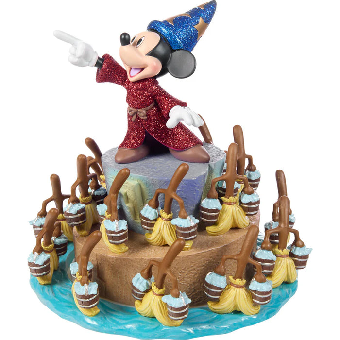 Disney figurine of a character with a blue hat and red outfit, surrounded by small broom-like figures on a white background.