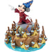 Disney figurine of a character with a blue hat and red outfit, surrounded by small broom-like figures on a white background.