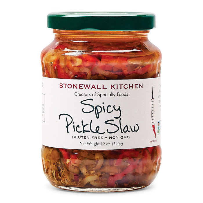 Jar of Stonewall Kitchen Spicy Pickle Slaw on a white background