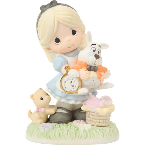 Figurine of a girl holding a dog with a clock, surrounded by small animals and a basket on a white background.