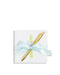 Gold pen with a light blue ribbon on a white card against a white background