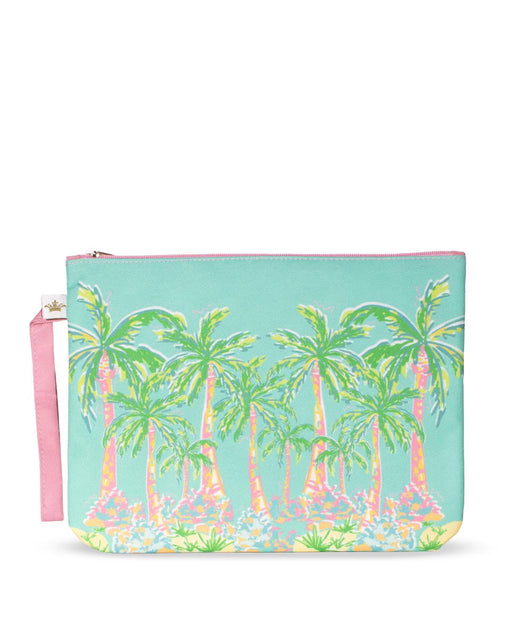Pouch with palm tree design on a light blue background