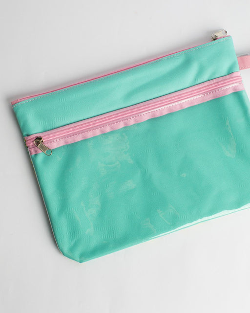 Turquoise pouch with pink zipper on a light gray background