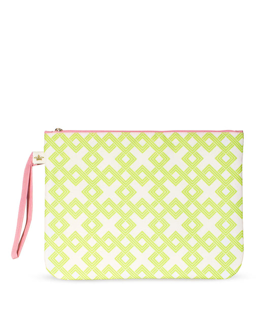 White pouch with green geometric pattern and pink strap on a white background