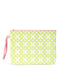 White pouch with green geometric pattern and pink strap on a white background