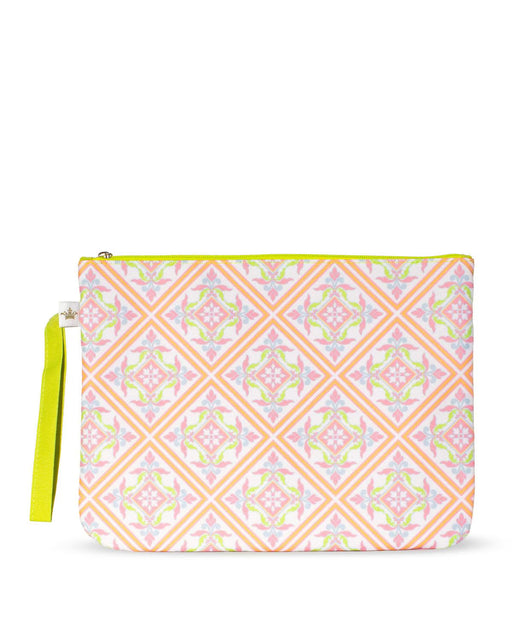 Patterned pouch with a green strap on a white background