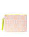 Patterned pouch with a green strap on a white background