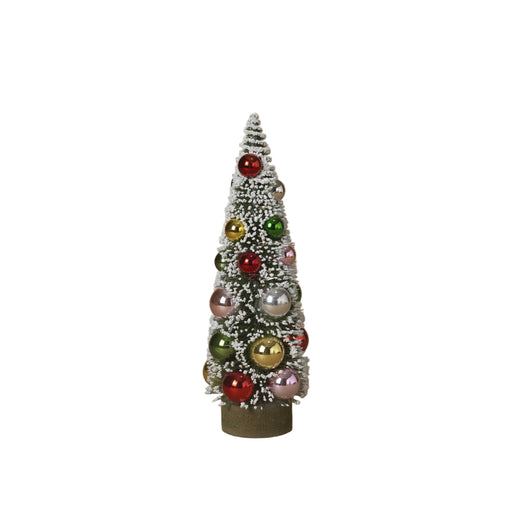 Decorative Christmas tree with colorful ornaments on a beige background