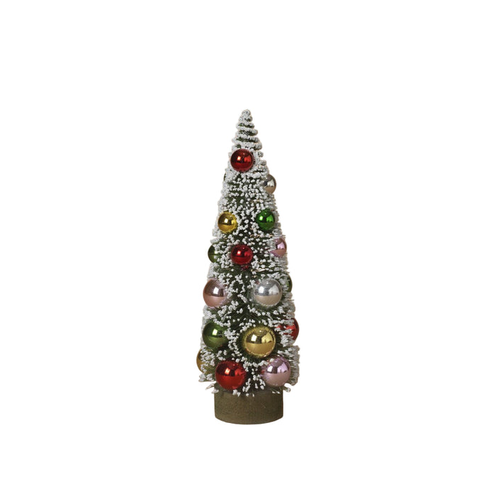 Decorative Christmas tree with colorful ornaments on a beige background