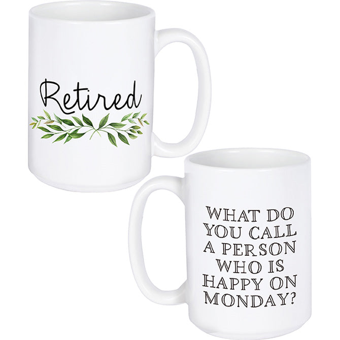 Front and back of mug with humorous text designs on a white background