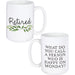 Front and back of mug with humorous text designs on a white background