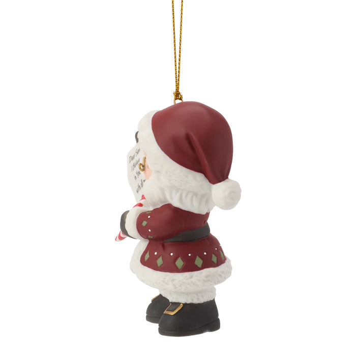 Christmas ornament of a small figure in a Santa hat and coat on a white background