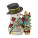 Decorative snowman figurine with a small Christmas tree on a white background