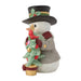 Decorative snowman figurine holding a small Christmas tree on a white background