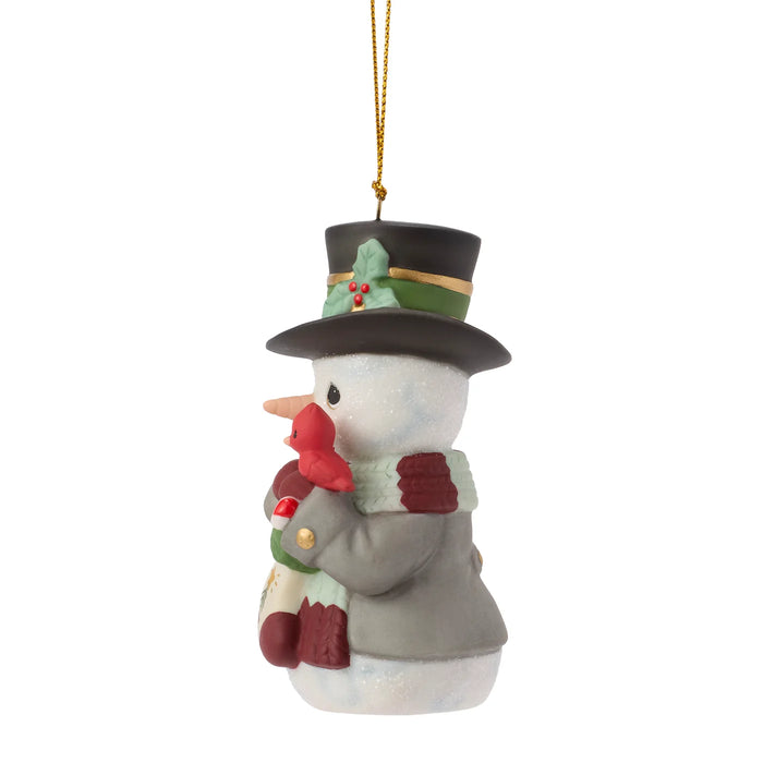 Decorative snowman ornament with a top hat and scarf on a white background