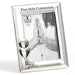 Silver photo frame with 'First Holy Communion' text and a chalice design, featuring a black and white photo of hands holding a rosary.